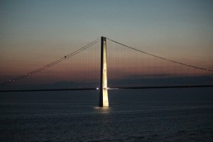 The Ostbroen Bridge between Denmark & Sweden at midnight