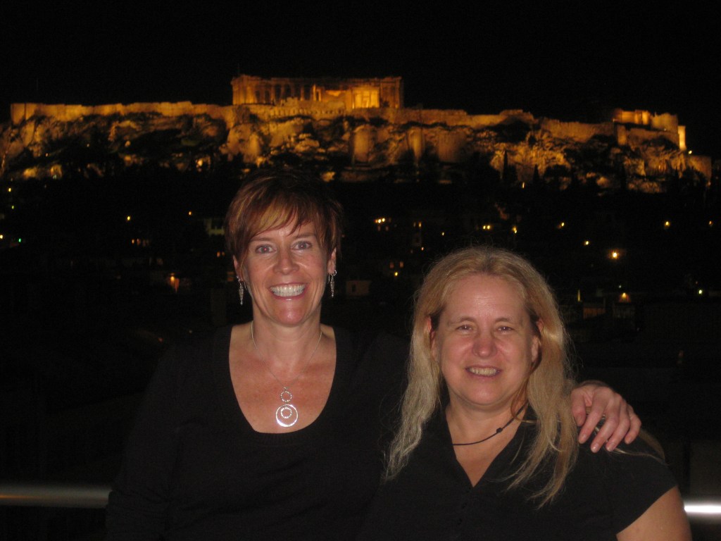 Cat & Sue and the Acopolis from the Attalos Hotel rooftop bar