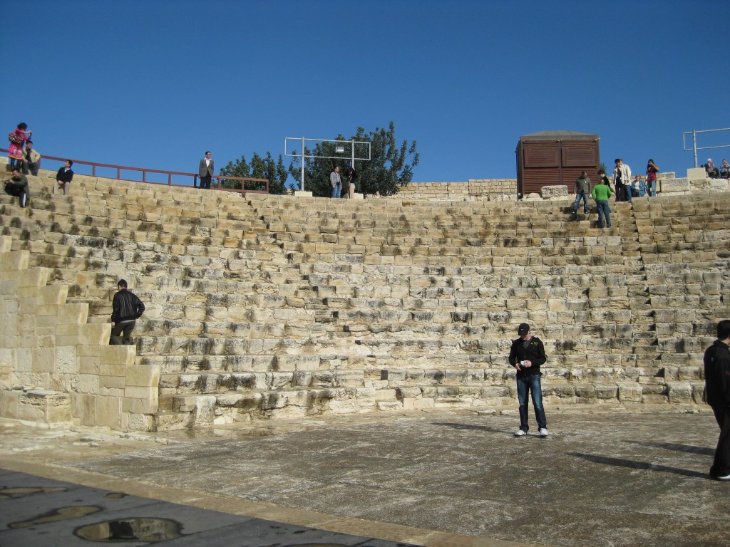 Testing out the sound on the stage of a Roman theater in Cyprus