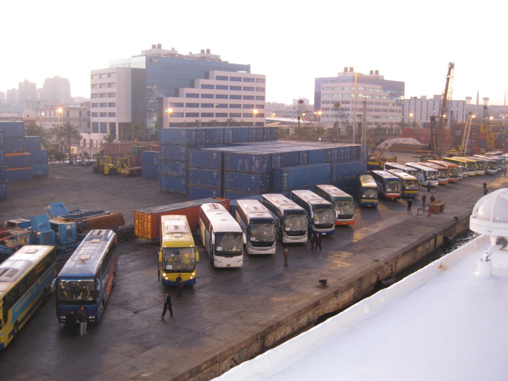 Buses lined up at the Port of Alexandria, Egypt